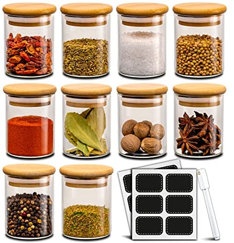 Praknu Pots à Épices Rangement - 10 x 120 ml Pots à Épices en Verre avec Couvercles - Rangement Épices Cuisine - Hermétique - avec Étiquettes - Lavable au Lave-Vaisselle - Épices, Herbes et Thé
