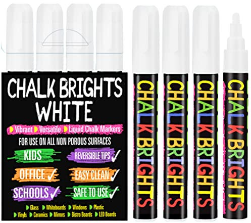 White Chalk Pens – 4 Liquid Chalk Markers for Blackboards, Windows & Glass | Wipeable 6mm White Pens for Signs & Classroom Crafts
