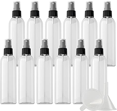 ZEOABSY 12 Stück Transparent Plastik Sprühflaschen mit Weiß Sprüher, 200 ml Leer Kunststoff Nachfüllbar Zerstäuber Sprayflasche Reisen Heim Parfumzerstäuber mit 2 x Trichter