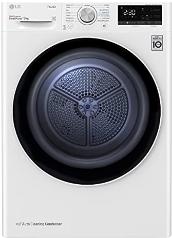 LG RH90V5AV5N - Secadora Smart de carga frontal de 9 kg, serie V9, clase A++, condensación con bomba de calor Dual Inverter, Eco Hybrid, condensador autolimpiante, Allergy Care, Wi-Fi, color blanco
