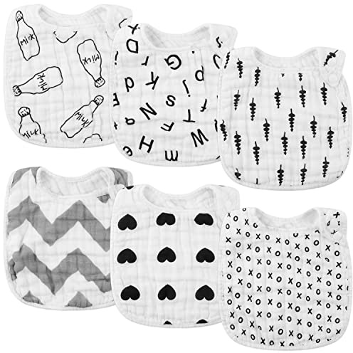 WATINC 6Pcs Baby Soft Feeding Bibs for Babies, Absorbent Soft Cotton Drool Feeding Black and White Bibs, 6 Layers Cotton with Adjustable Snaps for Baby Shower Birthday Gifts, 0-12 Months