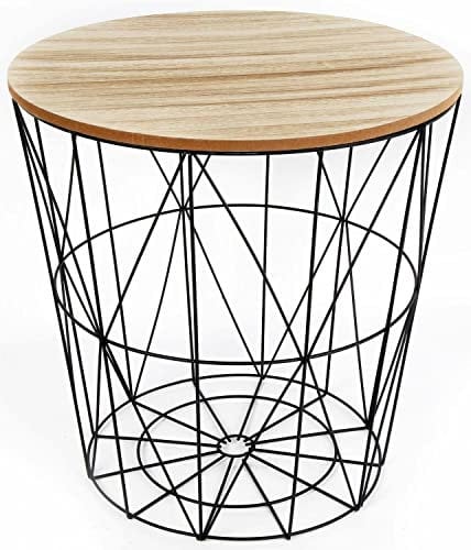 Optimal Products Retro Black Metal Wire White Marble Top Storage Side Table Basket Home Furniture UK (Wood Top)