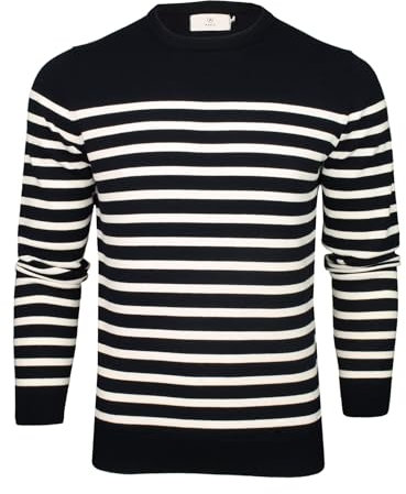 Xact Men’s Breton Stripe 100% Cotton Premium 12-Gauge Knit Crew Neck Jumper – Lightweight Soft Pullover Sweater for Smart Casual (Navy/Ecru) L
