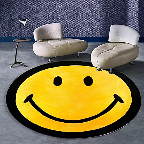 SRTJURFG Modern Designer Runden Groß Teppiche Kreatives Cartoon-Smiley-Gesicht schwarz und gelb für Wohnzimmer Kinderteppiche Flauschige Runden Groß Schutzmatten ø 90CM