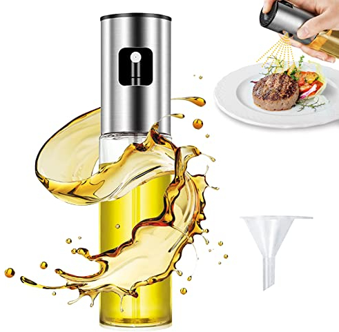 So Homey – Pulverizador de aceite para freidora de aire de cristal alimentario y acero inoxidable, pulverizador de aceite en spray para freidora de aire sin BPA, pulverizador de aceite fácil de