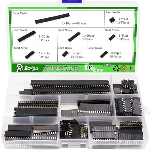 Ruibapa 120PCS 2.54mm Female Pin Header Socket Connector Strip Assortment Kit Straight Single Row PCB Board Pin Header 4、6、8、10、12、16、20、40Pin P-037