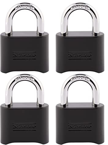 Master Lock Lot de 4 cadenas à combinaison, pour intérieur et extérieur, résistant aux intempéries, 178EC4, noir