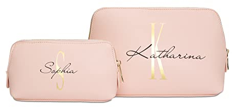Kosmetiktasche personalisiert Initial + Name, Kulturtasche, Schminktasche, Geschenk für Damen, Make-Up Tasche – Rosa, Set