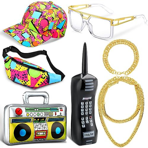 Paterr 7 Pcs 80er 90er Jahre Hip Hop Kostüm Kit 80er 90er Jahre Fanny Pack 90er Outfit Hut Glas Faux Gold Seil Kette Aufblasbare Radio Boombox Aufblasbares Handy für Frauen Männer Rapper DJ Kostüm