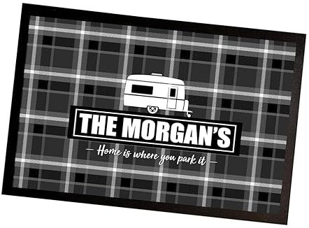 Artylicious Personalised Caravan door mat - Camping - Grey Tartan plaid label mat 60 x 40 cm