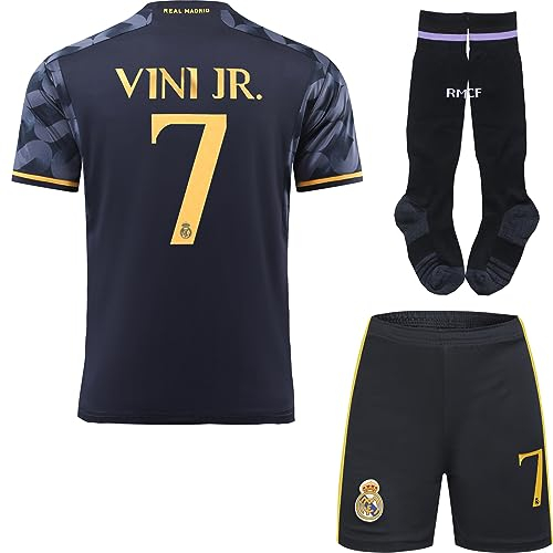 BlackAzat 2023/2024 Madrid Auswärts #7 Vini Jr. Vinicius Football Fußball Kinder Trikot Shorts Socken Set Jugendgrößen (Navy,24)