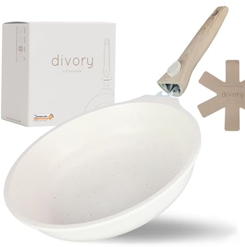 DIVORY Grande poêle 28cm I Poignée amovible, induction, revêtue, aluminium - Grande poêle à frire + protège-poêle - Poêle à induction