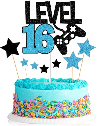 Elicola Kuchendekoration zum 16. Geburtstag, Level Up 16 Kuchendekorationen, Happy 16th Birthday für Jungen, Geburtstagsspiel, Partyzubehör