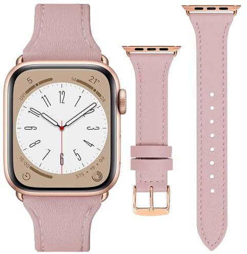 ONET8O Slim Leather Strap Compatible with Apple Watch Series Genuine Leather Replacement Band for Thin iWatch 38/40/41mm or 42/44/45/49mm for Women Rose gold Adapters-38/40/41mm Pink sand