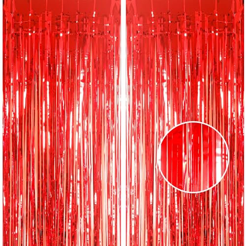 YAAVAAW 2pcs 3.2 x 8.3ft Glitter Red Foil Fringe Curtain Backdrop Tinsel Curtain Party Streamers Curtain Backdrop Decorations for Birthday School Graduation Hen Girls Christmas Party Decorations