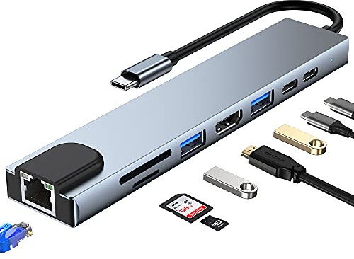 KUTEWEU Hub USB C 5Gbps USB 3.0 Adaptador con Ethernet, 4K@30Hz HDMI,USB-A,USB-C,100W PD,TF/SD,8 en 1 USB Docking Station para Phone, Laptop MacBook/Pad/Steam Deck/Samsung & Windows/Mac (8 in 1 HUB)