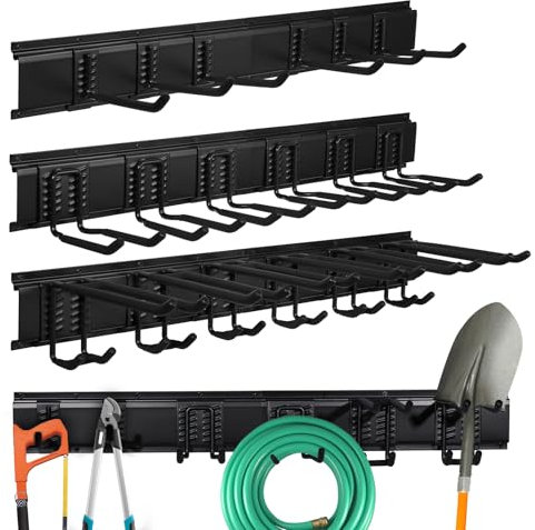 Mayouko 48 Inches Garage Tool Storage Rack, Garage Garden Storage Organizer Wall Mount, 16 x 3 Racks, Yard Shovel Rack Holder for Hanging Landscaping Equipment, Ladders, Adjustable Hook
