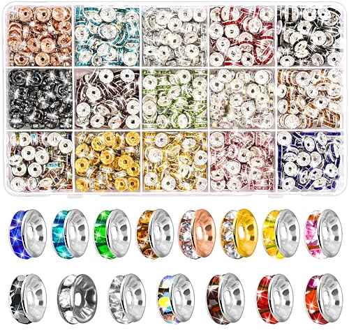 900 cuentas espaciadoras de metal para enhebrar para pulseras, cuentas doradas de cristal, cuentas de metal redondas para manualidades, collares, pulseras, colgantes, distanciadores (15 colores)