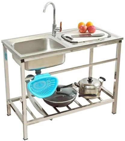 Fregadero de granja independiente con estación de limpieza de pescado Fregadero portátil con soporte Fregadero de jardín Patio Garaje Fregadero de exterior Lavamanos con ganchos para manguera