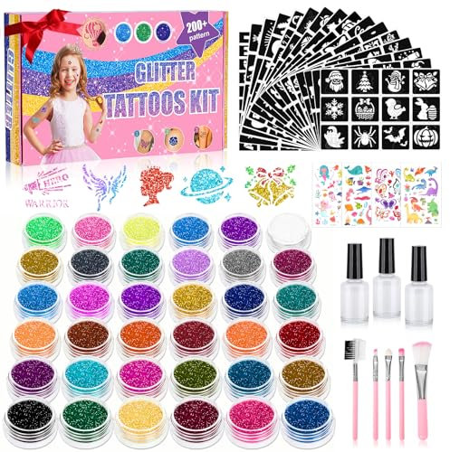 Glitzer Tattoo Set Kinder,Glitzertattoos Kinder Set für Mädchen-36 Farben,220 Tattoos Schablonen Inkl,3 Kleber&5 Pinsel,Glitzer Tattoo Mädchen Temporäres,Geschenk für Party Weihnachten