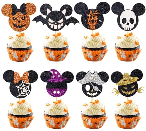 Wolpark 24pcs Mini Mouse Halloween Cupcake Toppers Glitter Halloweem Cupcake Picks Spooky Skeleton Witch Hat Pirate Bat for Micky Halloween Decorations Mouse Theme Baby Shower Birthday Party Supplies