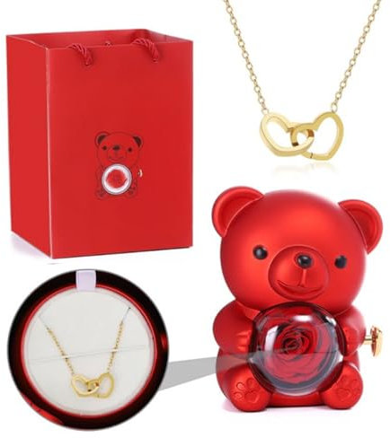 Orsetto di rose conservate regalo per donne con collana a cuore, fiori di rosa eterna, regalo per mamma, moglie, fidanzata (rosso)