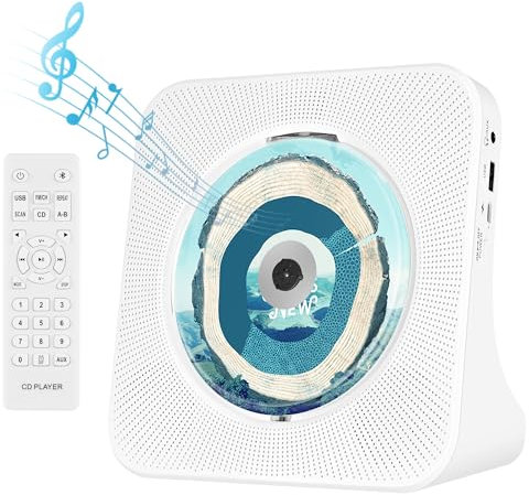 Lettore CD Bluetooth con Altoparlante HiFi Incorporato, Telecomando, Schermo a LED, Timer per Il Sonno, AUX/USB, Radio Lettore CD per Auto, Bianco