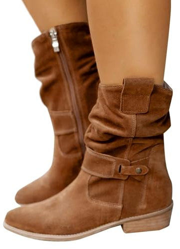Stivaletti da donna eleganti alla caviglia con tacco a blocco, stivali corti con doppia chiusura lampo, stile retrò, in pelle scamosciata, per l'inverno, per il tempo libero, colore beige 38, marrone,