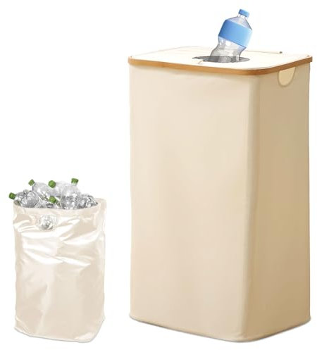 100L Récipient de Collecte de Bouteilles Consignées avec Couvercle,Poubelle Tri Selectif,Grande Capacité de Rangement,Sac à Bouteilles de Cuisine,Récipient Beige pour Rangement des Aliments Vides