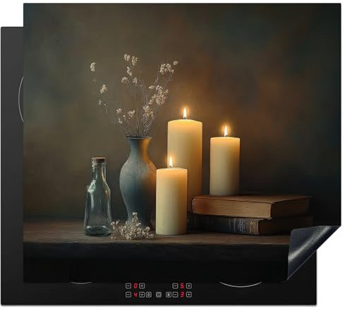 KitchenYeah© Protection Plaque Induction 59x52 cm Protege Deco Cuisine Cache Protège De Cuisson Accessoires Bougies - Nature Morte - Rustique - Livres