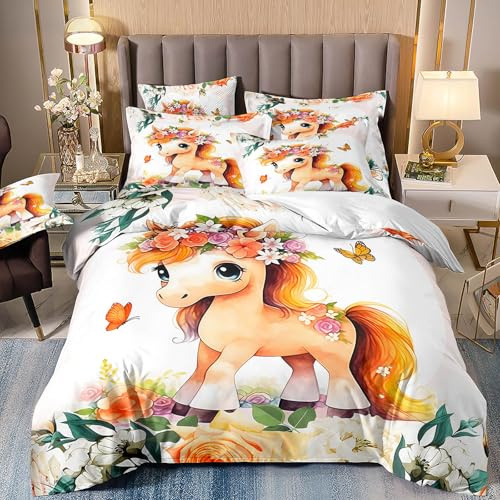 VOGIAY Bettwäsche 155x220, Niedlich Pferd und Floral Drucken Muster Kind Bettwäsche Set, Jungs Mädchen Cartoon Tier Bettbezug aus Mikrofaser mit 2 Kissenbezug 80x80 Dekor Bettdeckenbezug