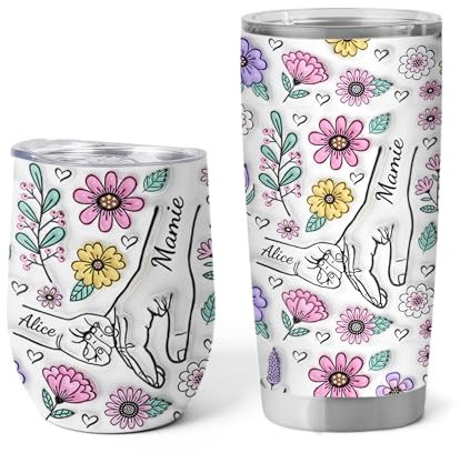 Cadeau Plus Mug Isotherme Personnalisable Prénom - Maman/Mamie Tenant Les Mains Avec Fleurs Pastels - Mug Thermos Personnalisé, Thermos Personnalisable, Tasse A Cafe Isotherme