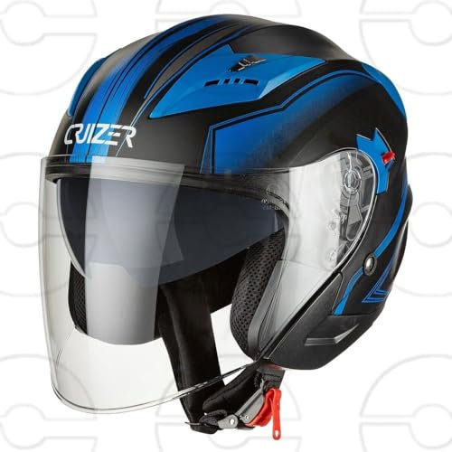 Cruizer Casco Jet Moto Scooter Omologato Doppia Visiera Nero Opaco Grafica Blu (XXL)