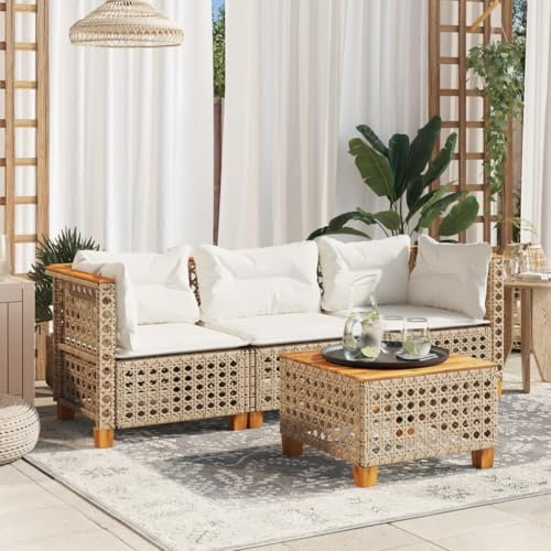 IKAYAA Gartensofa 3-Sitzer Balkon Couch Lounge Sofa Balkon Lounge Klein Balkonmöbel Rattansofa Outdoor Sitzbank Gartenmöbel Set Beige und Weiß