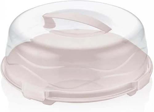 Best House | Plastic Cake Box | Round | PINK | Reusable Clear Cake Cover with Lid Carry Handle | Transport Storage Food Container Takeaway Holder, Cake Stand with Lids - 33 x 11.5 cm (Pack of 1)