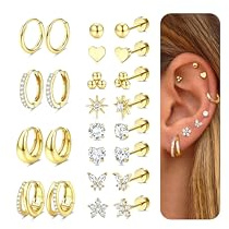 CASSIECA 12 Paar Ohrringe Set Gold, 316L Chirurgenstahl Ohrringe für Damen Herren Medizinische Ohrstecker Creolen für Mehrfachpiercing 14K Vergoldet Helix Tragus Piercing Ohr Gold