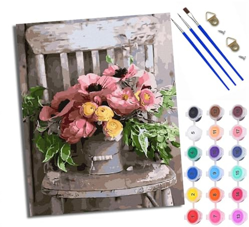 WXRWANG Malen Nach Zahlen Erwachsene Paint by Numbers Malen Nach Zahlen mit Pinseln und Acrylfarben Blumen auf dem Stuhl Handgemalte Ölgemälde Leinwand für Home Décor Ohne Rahmen