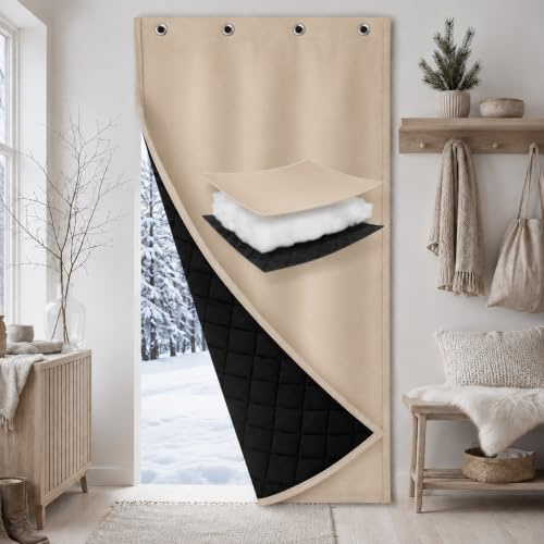 Rosnek Rideaux Thermique Isolant Anti Froid, L82 X H204 cm Décoration de Porte Fenêtre Intérieurs, Rideau de Porte Matelassé Imperméable, Isolant Thermique, Coupe-Vent, 1 Pièce, Beige
