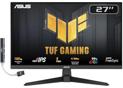 ASUS TUF Gaming Monitor IPS FHD de 27 pulgadas con tiempo de respuesta de 1 ms, frecuencia de actualización de 180 Hz, antideslumbramiento, sin parpadeo, montaje VESA (100 mm), Displayport, HDMI y
