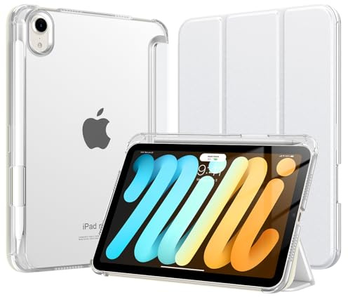 MoKo Funda para iPad Mini 7 A17 Pro 2024, iPad Mini 6.ª Gen 8,3 Pulgadas 2021 con Portalápices, Ligera y Delgada con Soporte Trifold y Cascara Traslúcida PC Duro, Auto Activación/Reposo, Blanco