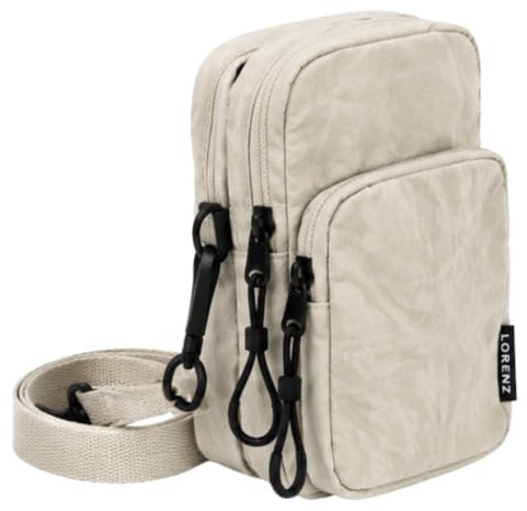 Lorenz Kleine Crossbody-Tasche für Damen, kompakte Reisetasche mit Doppelreißverschluss, leichte Nylon-Umhängetasche mit 3 Reißverschlussfächern, verstellbarem Riemen, 16 x 10 x 6 cm, stone, Small