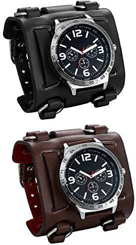 JewelryWe 2pcs Herren Armbanduhr Analog Quarz 30M wasserdichte Sportuhr Uhren mit Breit Leder Echtleder Armband, Schwarz Braun