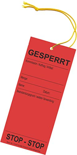 150 Hängeetiketten - Schnuranhänger - Warenanhänger: Aus Karton mit dem Aufdruck GESPERRT - 60x140 mm - Staffelpreise für Businesskunden ab 3, 6 oder 11 Verpackungseinheiten (VE)