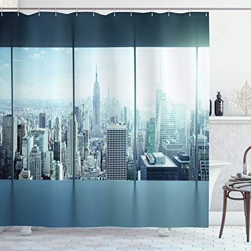 ABAKUHAUS New York Rideau de Douche, Ville Urbaine Moderne, Tissu Ensemble de Décor de Salle de Bain avec Crochets, 175 cm x 220 cm, Bleu Ciel
