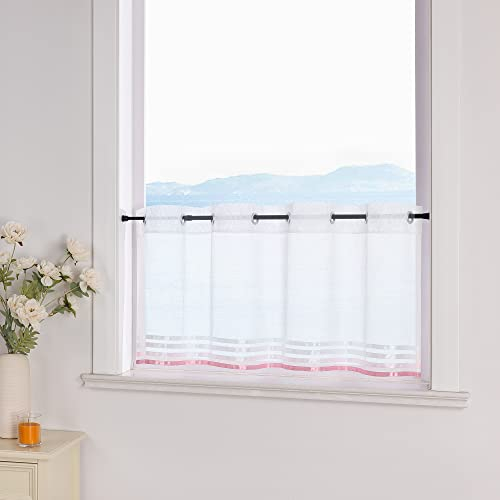 ESLIR Scheibengardine mit Ösen Gardinen Küche Bistrogardinen Transparent Stores Vorhänge mit Satinband Voile Weiß und Rosa HxB 45x120cm 1 Stück