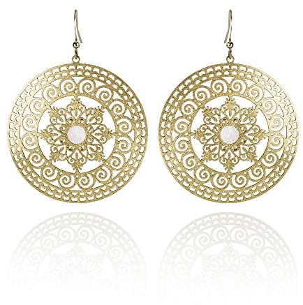 NAMANA Große Mandala-Ohrringe mit Perlmutt, gebürstetes Finish, Heilige Geometrie, Statement Ohrhänger in Gold oder Silber für Damen