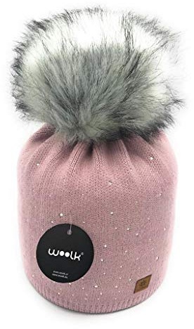 Woolk by Cleostyle Damen Mütze Wintermütze Bommelmütze Strick Kunstfellbommel 556 (Altrosa)
