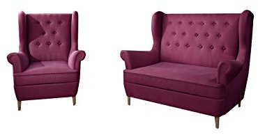 MOEBLO Couchgarnitur Ohrensofa 2 Sitzer + Sessel Sofa Garnitur Stoff Samt (Velour) Glamour Wohnlandschaft Chesterfield - Kros (Weinrot (MatVelvet 68))