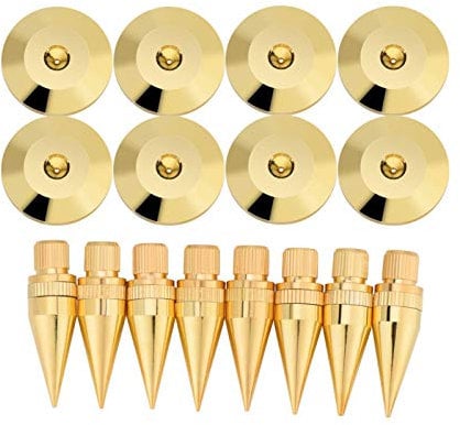 cigemay Copper Speaker Spike Set, 8 Pairs 6 x 36MM Speaker Stand Spike, Isolation Stand with Base Pad, Shockproof Feet Mat for Speaker,Player, Turntable Recorder, Instrument