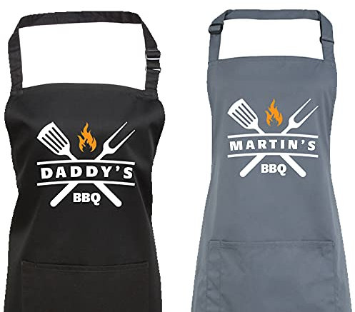 Personalised BBQ Apron for Men - Custom Name Grill Apron for Dad, Husband or Grandad - Funny Father's Day or Birthday Gift - Black or Grey Cooking Apron